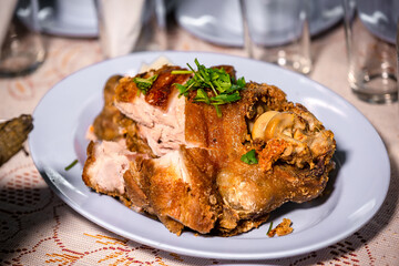 Pork hock in German with sauces delicious food. Deep fried pork knuckle ,Thai style serve with seafood sauce.