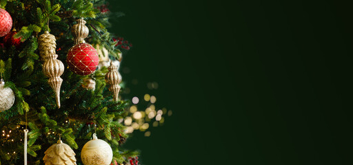 Christmas tree with decorations and lights background