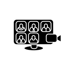 Video conference glyph icon. Remote team meeting, presentation or discussion filled flat sign. Video call. Working from home. Remote communication concept. Isolated silhouette vector illustration 