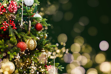 Christmas tree with decorations and lights background