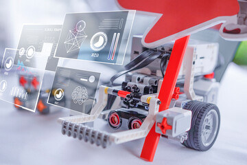 Toy blocks smart robot AI artificial intelligent Stem school kids learning education technology building block creative ideas construction development programming analysis, graphical icons UI screen