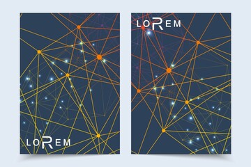 Scientific brochure design template. Vector flyer layout, Molecular structure with connected lines and dots. Scientific pattern atom DNA with elements for magazine, leaflet, cover, poster design.