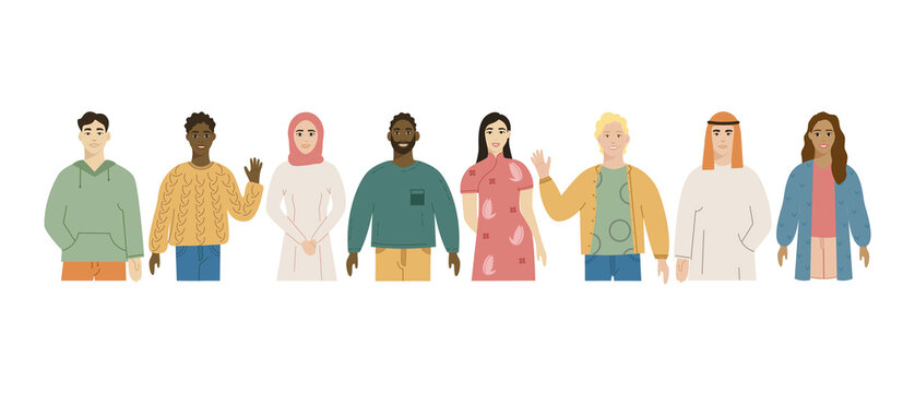 Multicultural group of people, flat vector illustration. People of different nationalities and religions, cartoon characters. Multinational society. 