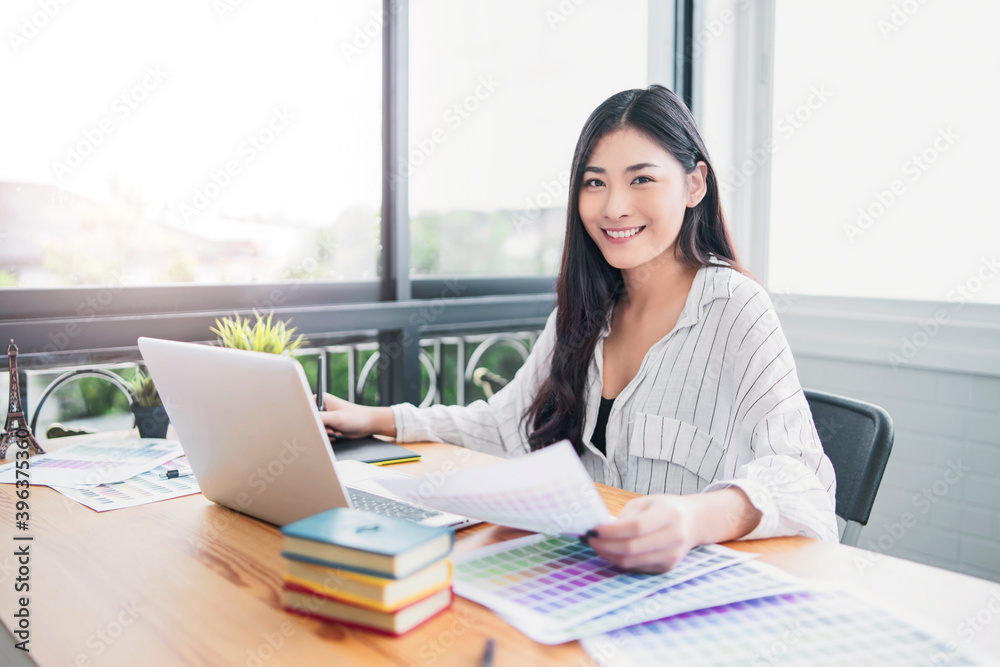 Fototapete Asian woman Graphic Design Studio Drawing Ux Ui Website Technology Creative Occupation freelance advertisement marketing creating user interface with tablet computer agency working happy smiling
