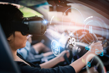 Woman driving simulation using virtual reality headset driving test HUD Head Up Display and digital instruments panel autonomous car user interface navigation driving utility screen smart technology