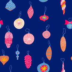 Seamless pattern with collection of christmas ornaments on dark background. New year tree decorations set. Hand drawn pine cone, icicle, sphere shapes. Fun doodle drawing. Trendy vector illustration