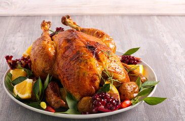 Roast whole chicken served on plate