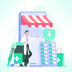 Online pharmacy concept. Pharmacist standing near smartphone. Medicine pills, medical syringe and bottle in front of phone. Online drugstore concept, vector illustration
