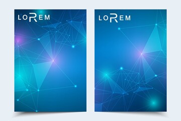 Scientific brochure design template. Vector flyer layout, Molecular structure with connected lines and dots. Scientific pattern atom DNA with elements for magazine, leaflet, cover, poster design.