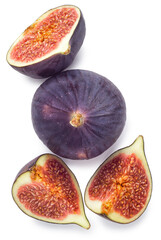 Whole and sliced figs with leaves isolated
