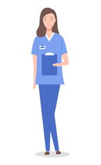 Isolated at white cartoon character. Doctor woman or nurse wearing medical suit holding clipboard with anamnesis or diagnose of patient. Healthcare, medical concept. Physician therapist in flat style - obrazy, fototapety, plakaty