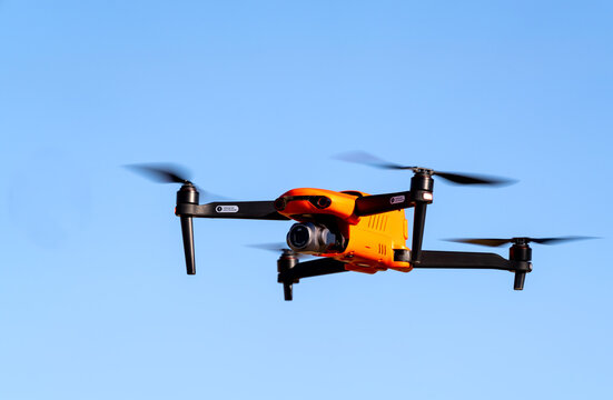 Beckwourth, California / USA - November 28, 2020: Autel EVO Pro II drone flying against a blue sky.