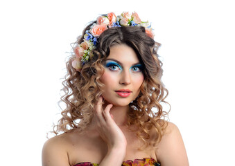 Naklejka premium Beautiful girl with colorful makeup and flower wreath in her hair