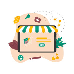 Online shopping concept, shopping basket and small people, buying online store