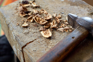 Photo of walnut shells and a hammer