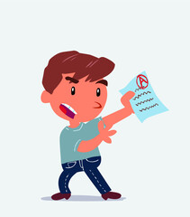  cartoon character of little boy on jeans arguing effusively with exam in hand