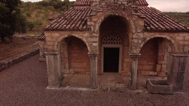 Aerial view of St. Samarina church in Messinia region at dusk