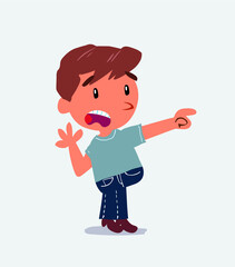 Surprised cartoon character of little boy on jeans pointing at something