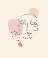 Beautiful girl. Continuous line drawing. Vector hand drawn artwork. Creative freehand style. Hugge home, house decor. Trendy 50s, 60s retro, vintage. Spa salon logo, label. Beige, black, pink, colors