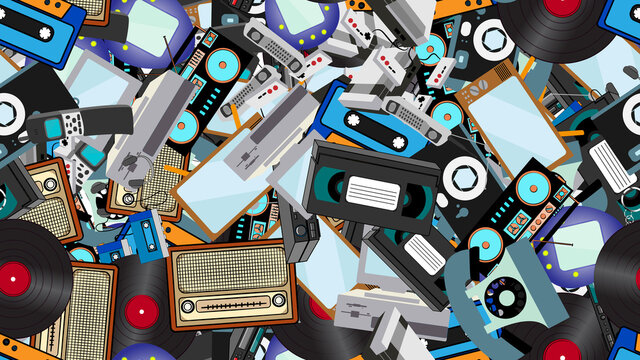 Texture, seamless pattern of old retro hipster electronics, mobile phones, tv recorder, player, audio tape, video recorder, game console, camera, computer. The background. illustration