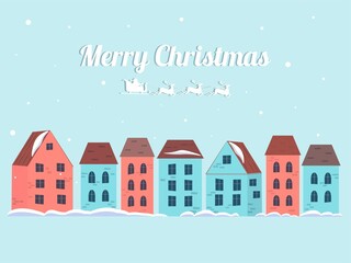 Merry christmas winter houses with snow. Winter town in a cartoon style. Flat vector illustration with congratulatory text.