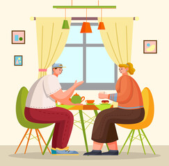 Two friends have lunch or dinner sitting at table at home or in cafe. Couple of guy and girl talking, communicating with cup of tea or coffee. People eating sweet cake. In love couple at date