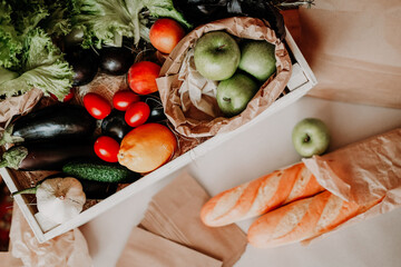 shop with vegetables and fruits where they are Packed in a paper bag. The theme of ecology
