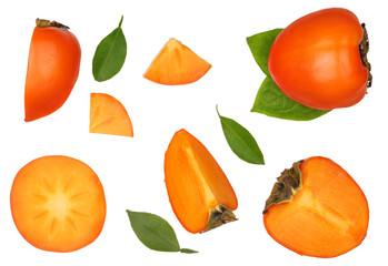 Persimmon and slices isolated on a white background, top view
