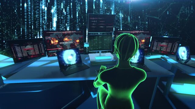 Female hacker avatar typing code, attacking system, virtual reality, cyberspace. Hacking attack in progress