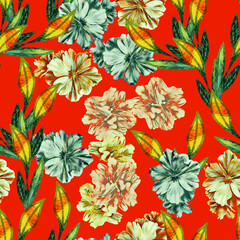 Colorful  leaves with hibiscus flowers, seamless pattern.