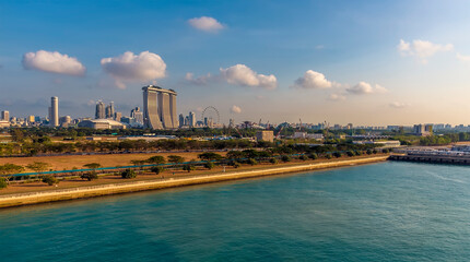 Fototapeta premium A view from the cruise port at sunrise towards the Bay area in Singapore, Asia