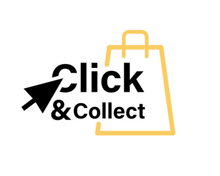 Click and collect text icon. Clipart image isolated on white background.