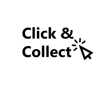 Click and collect text icon with mouse cursor. Clipart image isolated on white background.