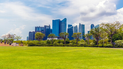 Fototapeta premium The financial district viewed from the Gardens by the Bay in Singapore, Asia