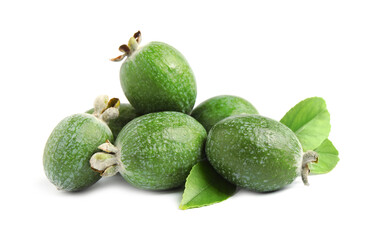 Pile of feijoas and leaves on white background