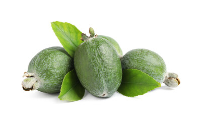 Pile of feijoas and leaves on white background