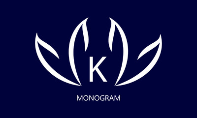 Elegant minimalist logo with the letter K in white on a dark background. Exquisite business sign, monogram identical to restaurant, boutique, hotel, jewelry.