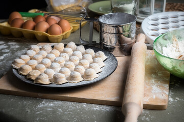 Homemade food.
Preparation of dough for baking