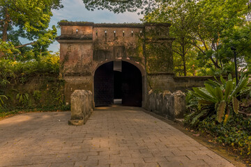 Fototapeta na wymiar A view of the Fort gate in Canning Park, Singapore in Asia
