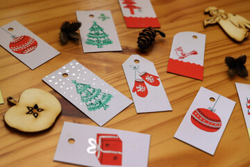 Christmas gift tags on the table