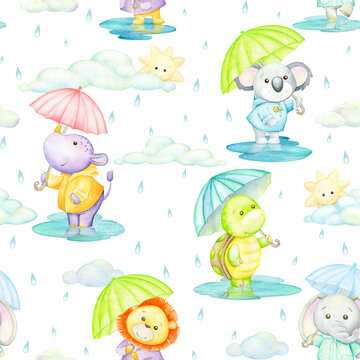 Turtle, hippopotamus, Kuala, lion, elephant, holding umbrellas. Watercolor seamless pattern of tropical animals in cartoon style, on an isolated background.