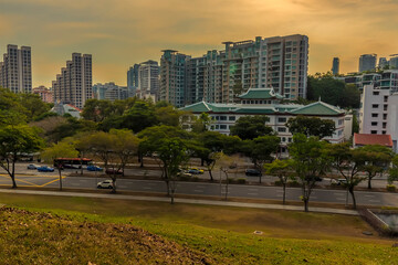 A view from Fort Canning Park over the city of Singapore in Asia