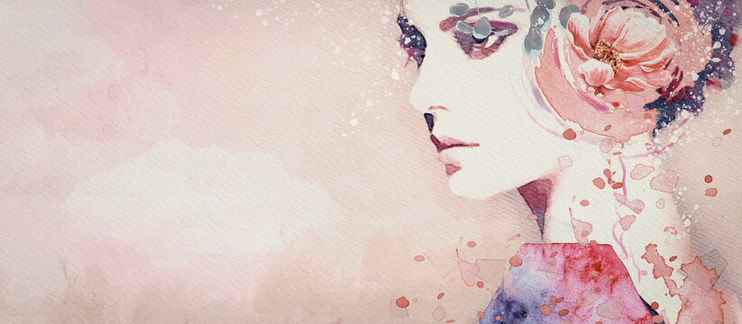 Dream. Watercolor abstract portrait of girl. Fashion background.