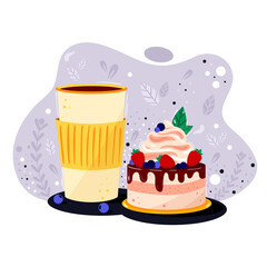 Delicious sweet pink cake with berries and cream. Takeaway coffee cup.  Concept for bakery and café menu deign, banner, card, promotion. Bright colors, realistic illustration. 