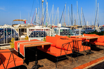 Cozy cafe in a sea harbour of Kemer (Kemer Marina)  on the Mediterranean sea in Turkey