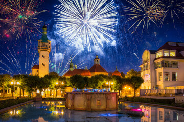 Fireworks display in Sopot at the Molo - pier on Baltic Sea, Poland - obrazy, fototapety, plakaty