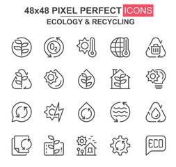 Ecology and recycling thin line icon set. Renewable sources, sun and water energy, waste recycling unique icons. Outline vector bundle for UI UX design. 48x48 pixel perfect linear pictogram pack.