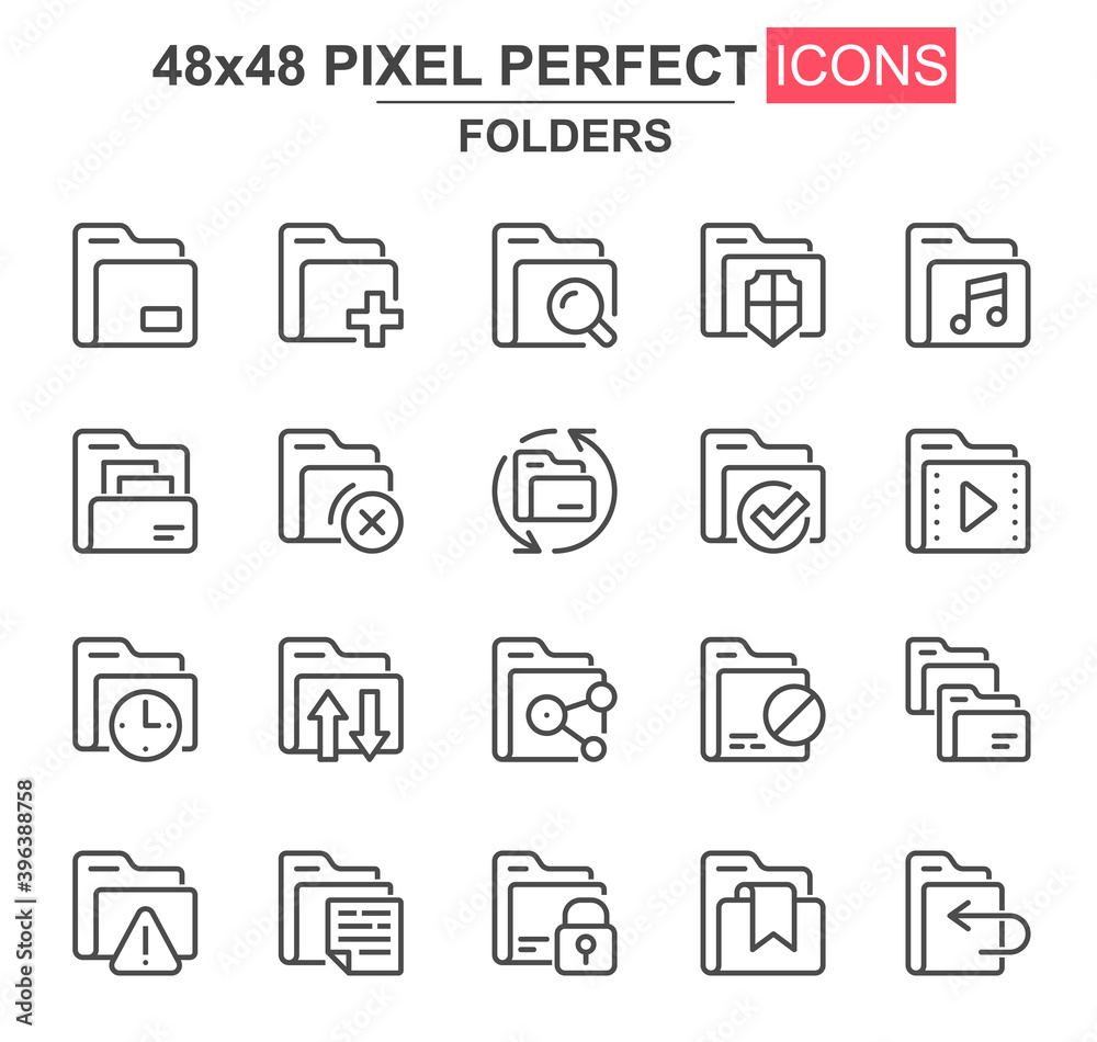 Poster Folders thin line icon set. Add, delete, archive, media sources, security, search, lock, transfer, copy unique icons. Outline vector bundle for UI UX design. 48x48 pixel perfect linear pictogram pack.