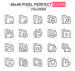 Folders thin line icon set. Add, delete, archive, media sources, security, search, lock, transfer, copy unique icons. Outline vector bundle for UI UX design. 48x48 pixel perfect linear pictogram pack.