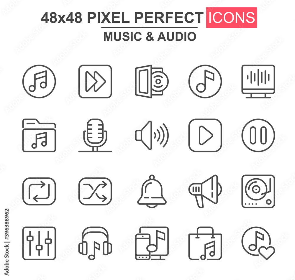 Aufkleber music and audio thin line icon set. player, mixer, equalizer, headphone, loudspeaker, record, microp